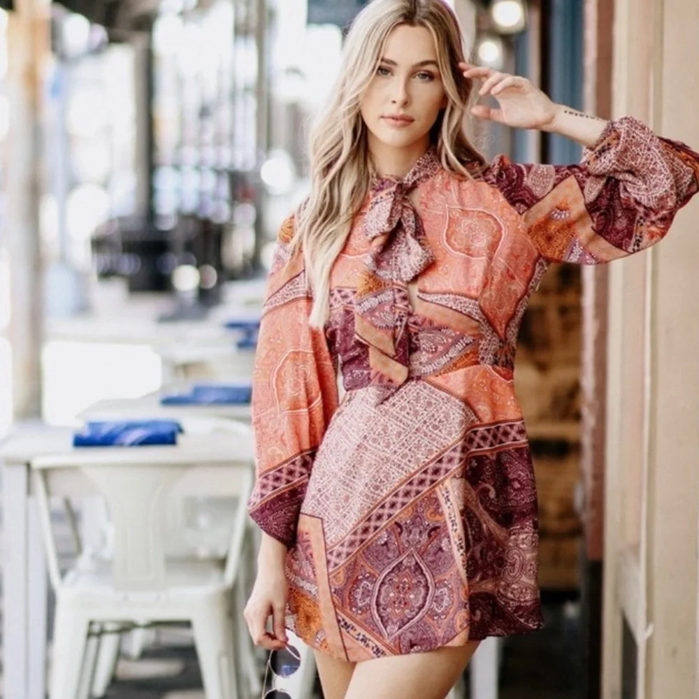 Divine Heritage Pussy Bow Long Sleeve Mini Dress Pink Size XS - Picture 11 of 14